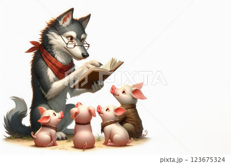 A wolf with glasses reads a book to three piglets. Space for text. A wolf with glasses reads a book to three piglets. Space for text. 123675324