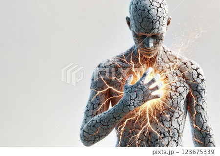 A cracking man with energy in his chest. Space for text. 123675339