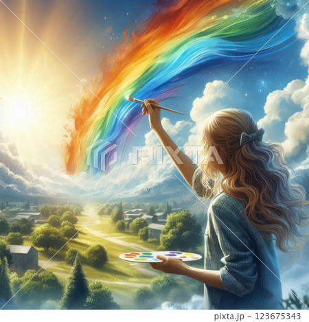 A girl draws a rainbow in the sky above the landscape. A girl draws a rainbow in the sky above the landscape. 123675343