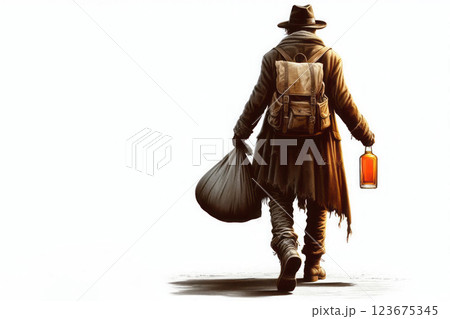 A tramp with a backpack and a bottle in his hand. Space for text. 123675345