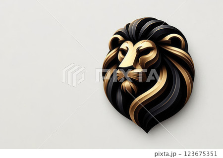Lion emblem in black and gold style on a light background. Space for text. 123675351