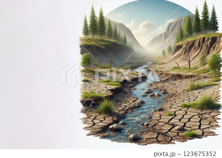 A river in a dry valley among the mountains. Space for text. 123675352