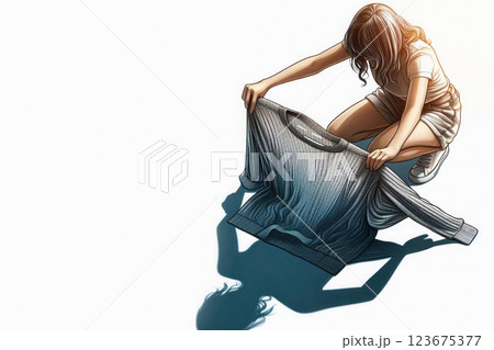A girl holding a sweater casts the shadow of a man. Space for text. A girl holding a sweater casts the shadow of a man. Space for text. 123675377