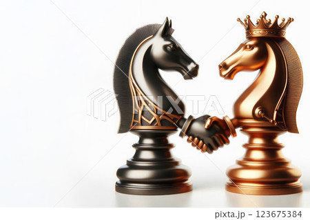 Two horse chess pieces shake hands. Space for text. Two horse chess pieces shake hands. Space for text. 123675384