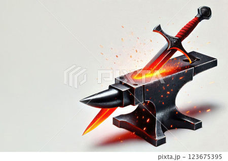 A hot sword stuck in an anvil on a light background. Space for text. A hot sword stuck in an anvil on a light background. Space for text. 123675395