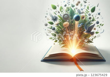 A magic book with flying elements. Space for text. 123675429