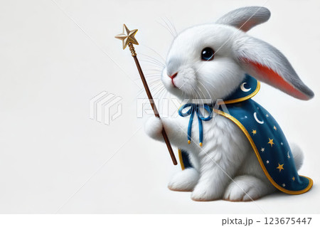 A white rabbit wizard with a wand. Space for text. A white rabbit wizard with a wand. Space for text. 123675447