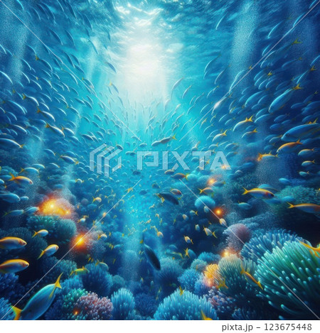 Underwater world with fish and corals, illuminated by the sun's rays. Space for text. 123675448