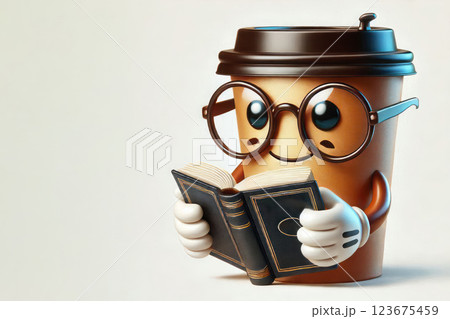A cup of coffee with glasses is reading a book. Space for text. 123675459
