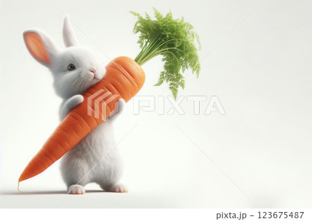 A white rabbit hugging a large carrot. Space for text. A white rabbit hugging a large carrot. Space for text. 123675487