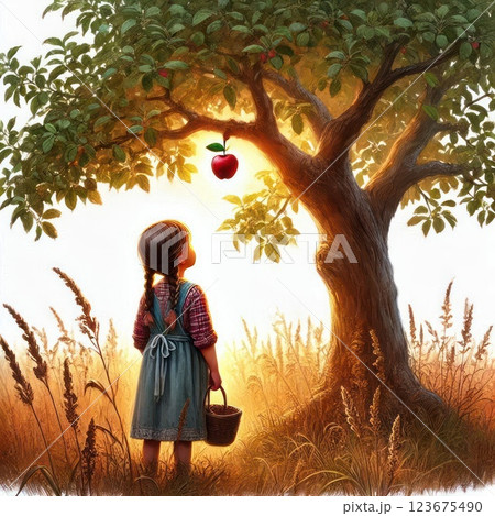 A girl under an apple tree lit by the morning sun. 123675490