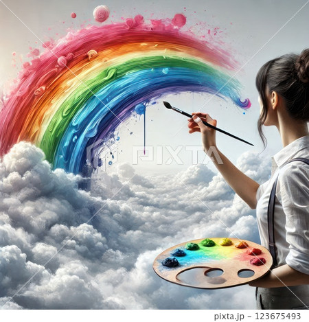 The artist paints a rainbow picture in the sky. The artist paints a rainbow picture in the sky. 123675493