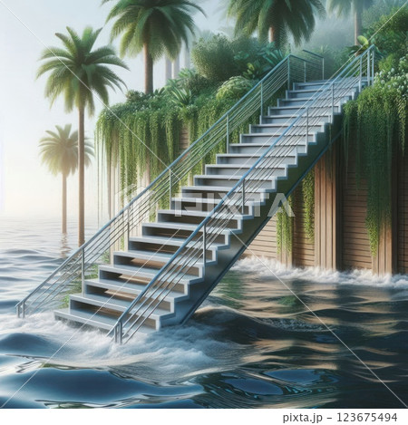 Stairs leading to the tropical garden over the water. 123675494