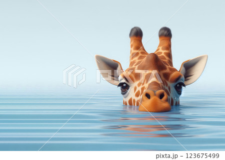 A giraffe cautiously peeks out of the water. Space for text. 123675499