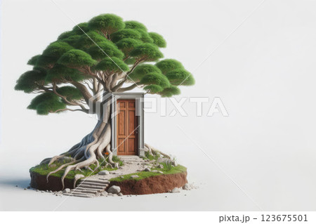 A tree with a door in the trunk on an island of land. Space for text. 123675501