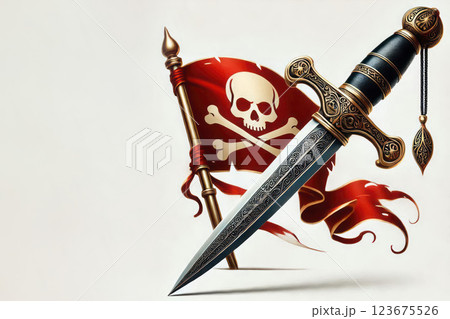 A dagger with a pirate flag and a skull. Space for text. 123675526