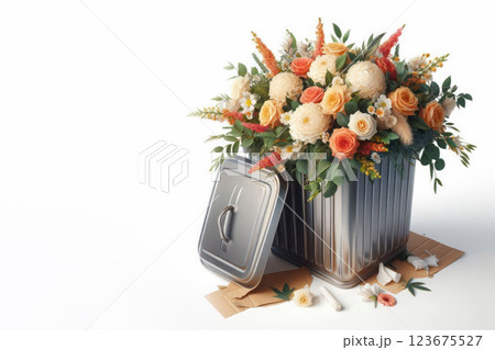Bouquet of fresh flowers in a metal garbage can. Space for text. 123675527