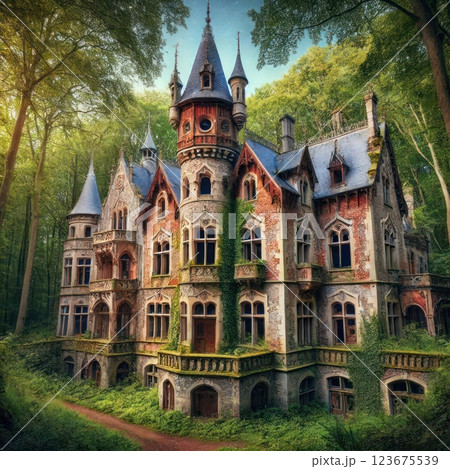 A Gothic castle covered with greenery in the forest. 123675539
