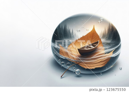 Autumn leaf with a boat in a large drop of water. Space for text. 123675550