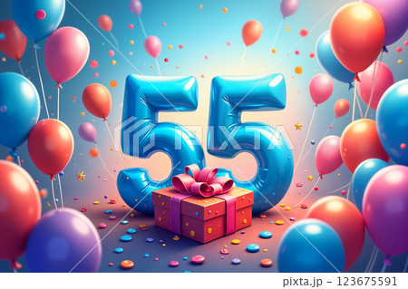 Colorful balloons surround a large number fifty five. 123675591