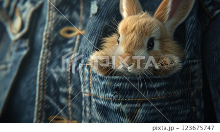 Adorable Bunny Peeking from Denim Pocket with Cute Expression 123675747