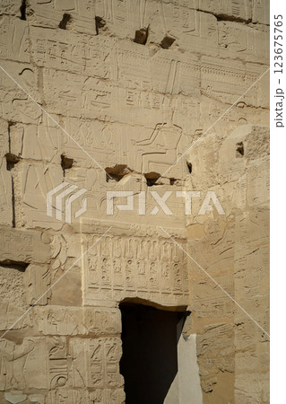Egyptian ancient wall with carved hieroglyphs and door to temple 123675765