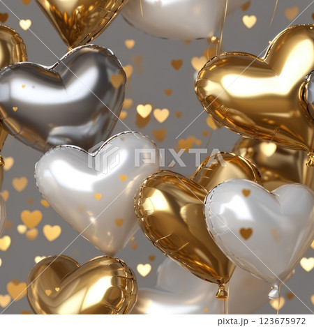 gold, silver, white foil helium balloons 3d seamless pattern with depth effect 123675972