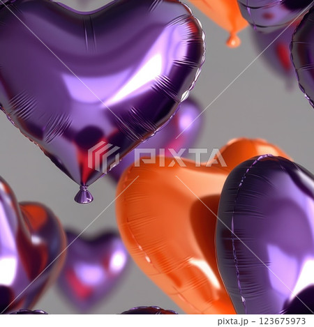 purple and orange foil helium balloons 3d seamless pattern on blurred background with depth effect 123675973
