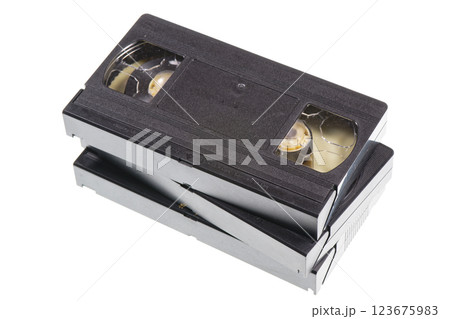 A stack of vintage VHS tapes isolated on white background 123675983