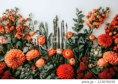 Flat lay of vibrant orange and red flowers with greenery on a white background, creating a fresh floral composition 123676030