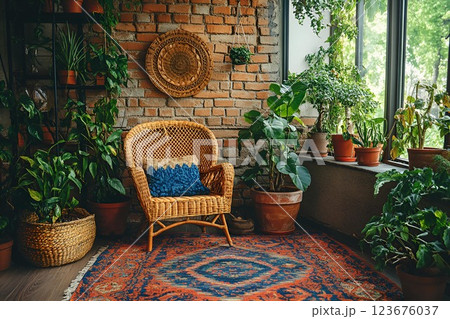 Cozy corner with a wicker chair, potted plants, and a brick wall, creating a natural and warm atmosphere Cozy corner with a wicker chair, potted plants, and a brick wall, creating a natural and warm atmosphere 123676037