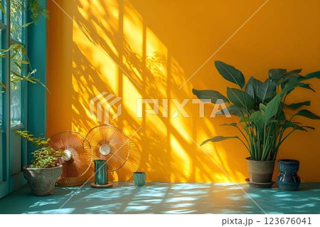Bright sunlight casting shadows on a yellow wall, green plants in clay pots, and vintage fans creating a cozy atmosphere Bright sunlight casting shadows on a yellow wall, green plants in clay pots, and vintage fans creating a cozy atmosphere 123676041