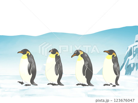 南極　一列に並ぶペンギン　山並みカット 123676047