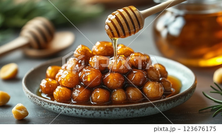 A plate of honey chestnuts on a clean background.  A plate of honey chestnuts on a clean background.  123676175
