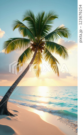 Tropical beach with palm trees at sunset. 123676254