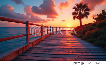 Serene sunset over wooden pier. 123676265