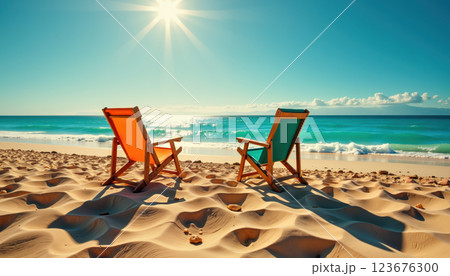Two beach chairs on a sunny sandy beach. 123676300