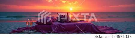 Romantic beach setup at sunset. 123676338