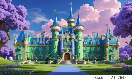 Whimsical cartoon castle with blue and gold trim and purple trees 123676429