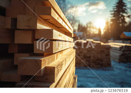 Sunlit lumber piles in outdoor sawmill yard at sunrise with stacked timber boards Sunlit lumber piles in outdoor sawmill yard at sunrise with stacked timber boards 123676519