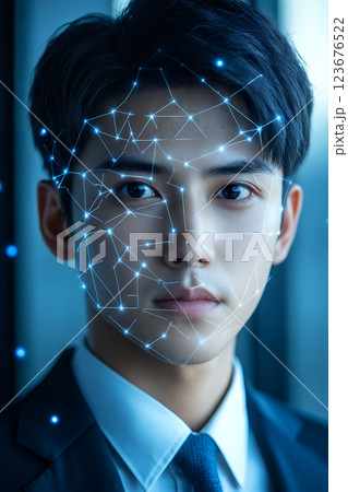 Young asian man with digital facial recognition overlay in business suit Young asian man with digital facial recognition overlay in business suit 123676522