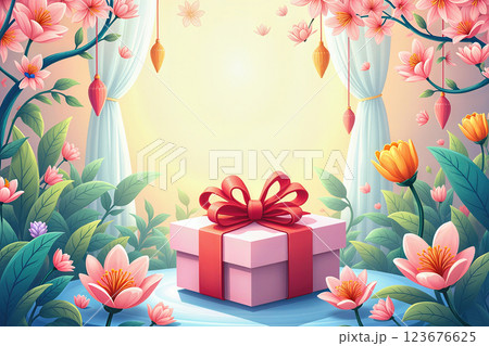 Lovely gift box in a blooming garden. Lovely gift box in a blooming garden. 123676625