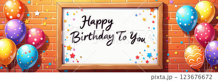 A framed sign with balloons and confetti. 123676672