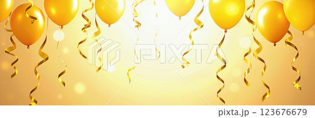 Festive golden balloons and streamers. 123676679