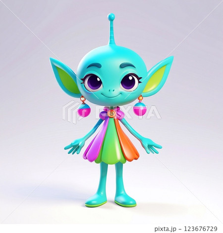 Cheerful stylized alien standing in full-length view, wearing colorful dress, oversized earrings, radiating friendly demeanor 123676729