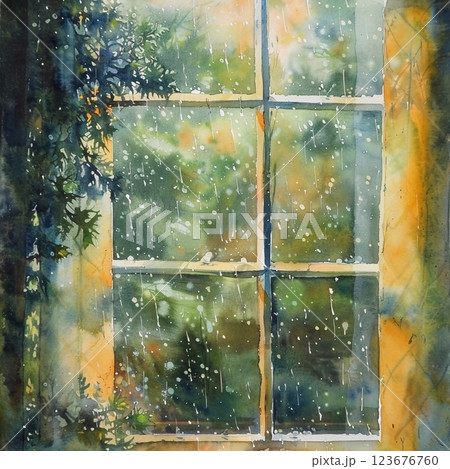 Relaxing watercolor painting of rain falling on a window with green trees in the background, creating a cozy and peaceful atmosphere, perfect for art lovers 123676760