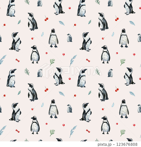 watercolor seamless pattern with penguins, red berries and green leaves, background winter decor, wrapping and fabric watercolor seamless pattern with penguins, red berries and green leaves, background winter decor, wrapping and fabric 123676808
