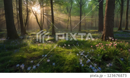 Beautiful firefly in the night at nature forest. Spring banner, spring update concept 123676873