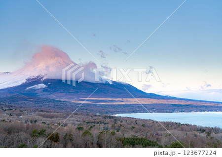 【富士山素材】山中湖明神山パノラマ台から見る雲をかぶった富士山の朝焼け【山梨県】 【富士山素材】山中湖明神山パノラマ台から見る雲をかぶった富士山の朝焼け【山梨県】 123677224