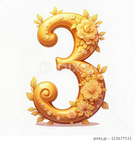 Golden number 3 with flowers. 123677531